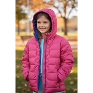 Lands End Girls Pink Honeycomb Puffer Jacket Hooded Down Coat Small 7-8